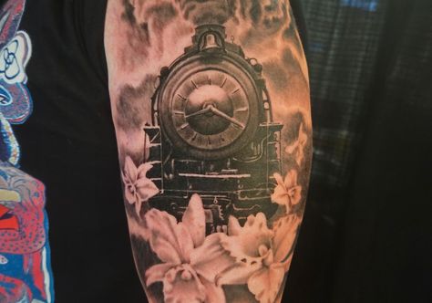 Feel the power and hear the whistle in @muscatink's black and gray realistic train tattoo. The details bring the locomotive to life, steam billowing in an inked journey. 🚂🖤⁠ Train Tattoos For Women, Steam Train Tattoo, Train Tattoos, Papa Tattoo, Train Tattoo, Mama Tried, Tattoo Concepts, Girl Train, Note Tattoo