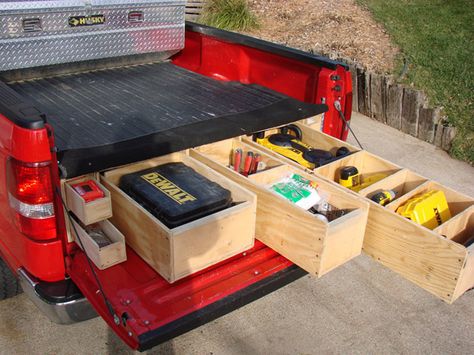 Homemade Truck Box - Vehicles - Contractor Talk Truck Tool Box Organization, Truck Organization Ideas, Service Truck Organization, Truck Organizer, Contractor Tools, Truck Bed Drawers, Diy Truck Bedding, Truck Bed Organization, Truck Organization