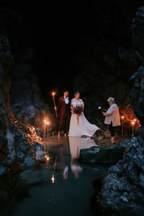 Adventure Outdoor Sea Cave Beach Elopement Wedding Ceremony in Perranporth Cornwall Crystal Cave Wedding, Fantasy Beach Wedding, Cave Wedding Ceremony, Dark Beach Wedding, Cavern Wedding, Cornwall Elopement, Marriage Vibes, Elopement Wedding Ceremony, Wedding Core