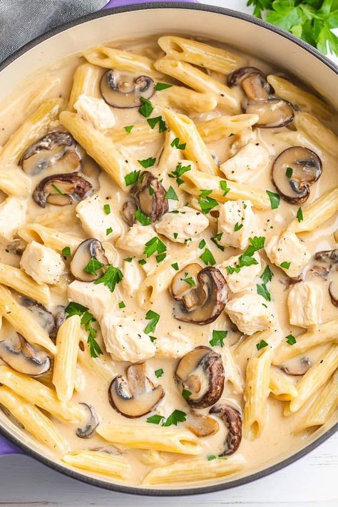 One Pot Pasta Mushroom, White Sauce Mushroom Pasta, Chicken Mushroom Pasta Recipes, White Wine Pasta Recipes, Cream Chicken Pasta, Creamy Chicken And Mushroom Pasta, Pasta With Yogurt, Creamy Chicken Mushroom Pasta, Chicken And Mushroom Pasta