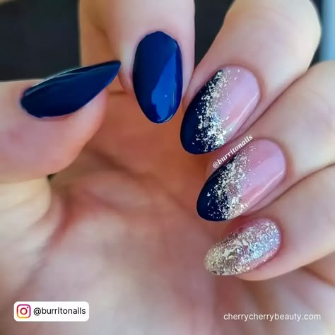 24 Trendy Navy Blue And Silver Nails For 2023 Navy Blue And Silver Nails, Navy And Silver Nails, Navy Nails Design, Blue Gold Nails, Silver Sparkle Nails, Blue Wedding Nails, Blue Prom Nails, Nail Art Designs For Beginners, Blue And Silver Nails