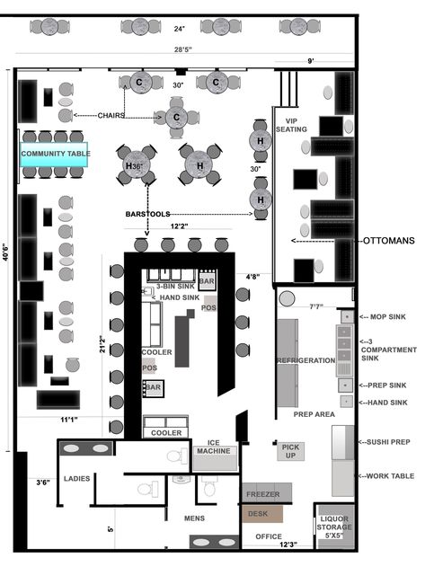 Restaurant & Lounge Floor Plan by Raymond Haldeman Restaurant Floor Plan With Dimensions, Restaurant Floor Plan Layout, Restaurant Layout Design, Restaurant Design Plan, Cafe Floor Plan, Cafe Plan, Restaurant Floor Plan, Restaurant Kitchen Design, Floor Plan With Dimensions