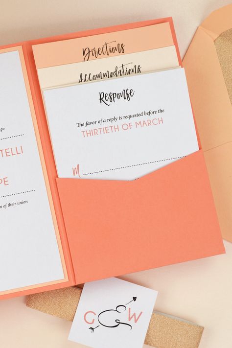 This ombre looks puts a fun, unique twist on wedding invitations with inserts printed on Crystal, Soft Coral & Peach in a Coral Signature Plus pocket invitation! Check out our blog to see how you can DIY this look yourself! #ombre #weddinginvitations #DIY #DIYweddinginvitations #Coral #Pantonecoloroftheyear #ombreinvitations #weddingideas #weddinginspiration #weddingplanning #weddinginvites #ombreinvites #coralombre #invitationdesign #multicoloredinvitations #DIYombreinvitations #cardsandpockets Diy Pocket Invitations, Diy Wedding Invitation Pocket, Pocket Wedding Invitations Diy, Peach And Gray Wedding Invitations, Peach And Gold Wedding Invitations, Coral Peach Wedding Invitations, Modern Invitation Design, Wedding Invitation Inserts, Coral Wedding Invitations