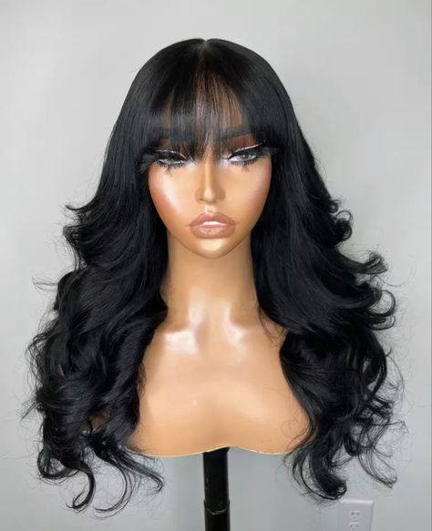 Fringe Wigs, Black Wig With Bangs, Wigs Black Women, Pretty Wigs, Human Hair Wigs With Bangs, Bangs Fringe, Black Wigs, Wig Straight, Human Wigs