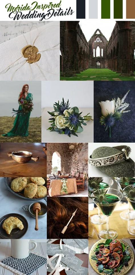 merida, brave inspired wedding details Brave Wedding Theme, Brave Themed Quinceanera, Merida Sweet 16, Brave Wedding Theme Disney, Forgotten Princesses, Brave Wedding, Merida Wedding, Medieval Scotland, Enchanted Forest Wedding Theme