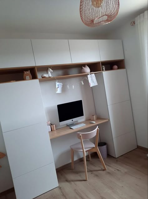 Desk Wardrobe Combination, Ikea Besta Office, Office Bedroom Combo, Office Craft Room Combo, Armoire Ikea, Home Study Rooms, Desk Wardrobe, Ikea Office, Ikea Wardrobe