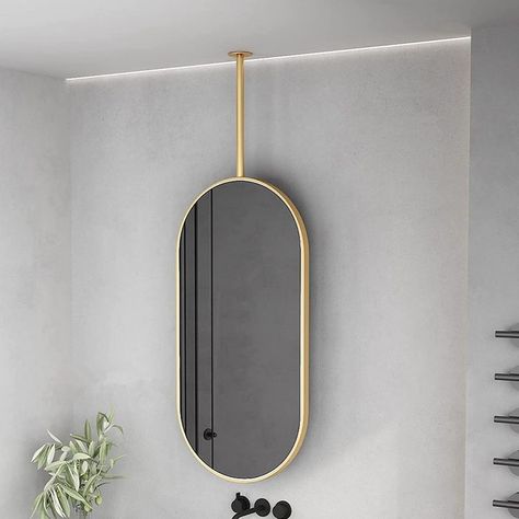 Mirror Hung From Ceiling, Ceiling Mounted Mirrors, Ceiling Mount Mirror Bathroom, Hanging Mirror Decor, Mirror With Metal Frame, Ceiling Hanging Mirror, Ceiling Mounted Mirror Bathroom, Ceiling Mount Mirror, Ceiling Hung Mirror