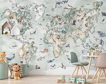 Eudajmonia WallArt by Eudajmonia on Etsy Toxic Design, Kindergarten Wallpaper, Map Wall Mural, Kids World Map, World Map Wallpaper, Forest Wall Mural, Map Wallpaper, Tropical Wallpaper, Standard Wallpaper