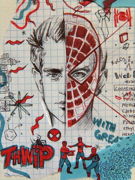 Spiderman Page Sketchbook, Into The Spiderverse Sketchbook, Marvel Sketchbook Ideas, Spiderman Comic Art Sketch, Spider Man Sketchbook, Andrew Garfield Drawing, Spiderverse Sketchbook, Spiderman Room Aesthetic, Marvel Sketchbook