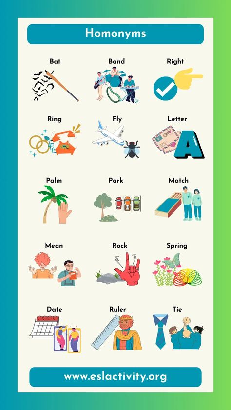 Check out these homonyms examples with pictures. Have some fun learning English words that can have more than one meaning. #word #words #vocab #vocabulary #english #learnenglish #homonym #homonyms #learningenglish Homonyms Examples, Homonyms Words, Toefl Vocabulary, Toefl Exam, Esl Learning, Confusing Words, English Lesson Plans, Learn English Vocabulary, Learn English Words