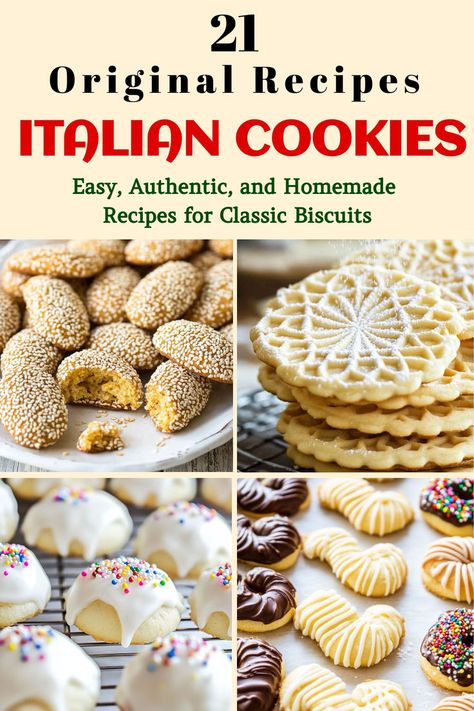 This image features a variety of traditional Italian cookies, perfect for festive occasions or celebrations. The text highlights "21 Original Recipes Italian Cookies" and emphasizes easy, authentic, homemade recipes for classic biscuits. The cookies include sesame-coated, pizzelle, and icing-topped varieties. Amaretto Butter Cookies, Italian Soft Biscotti, Baltimore Famous Berger Cookies, Italian Pinole Cookies, Traditional Italian Cookies Christmas, Fudge Roll Italian Cookies, European Holiday Cookies, Elvis Inspired Desserts, Simple Italian Cookies