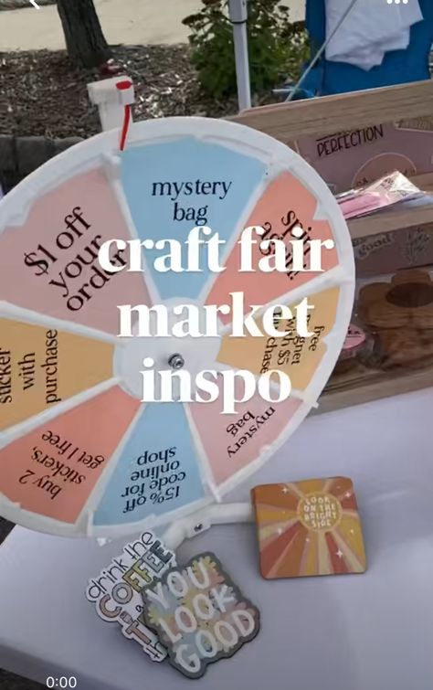 Spin The Wheel Small Business, Cosmetic Vendor Table Display Ideas, Housing Fair Booth Display Ideas, Farmers Market Craft Display, Diy Spinning Display, Unique Booth Display, Econ Fair Ideas, Vendor Booth Display Ideas Stationery, Pop Up Shop Diy Ideas