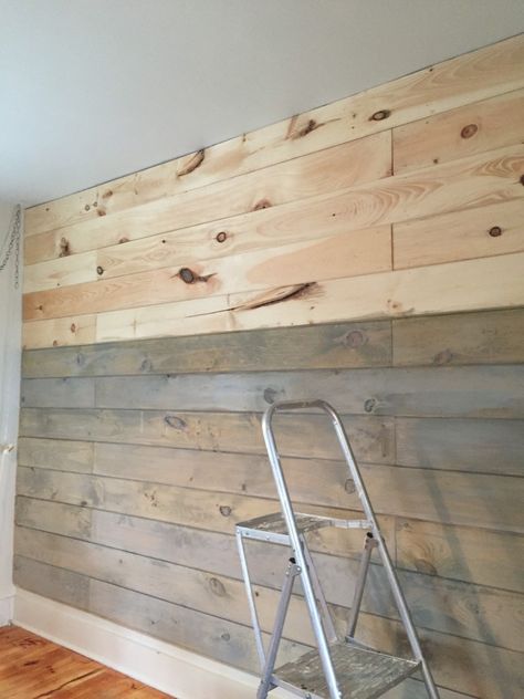 Grey Stained Shiplap Wall, Stain Plywood Walls, Plywood Plank Walls, Painted Panels On Walls, Industrial Rustic Basement Ideas, Painted Rough Wood Walls, Inexpensive Wood Wall Ideas, Wall Planking Ideas Bedroom, Wood Stain Shiplap Wall