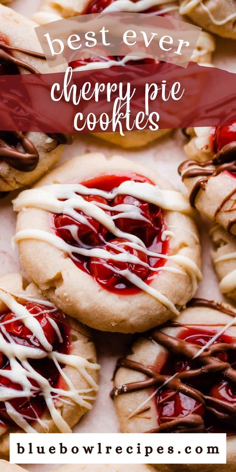 Cherry Pie Cookies are made with a simple 5-ingredient dough, require no chill time, and are the most festive cookie! The cookie base is buttery soft, and its complemented perfectly by the sweet cherry pie filling. Drizzle a little white or milk chocolate on top, and wonder where these cookies have been all your life! #cookies #christmascookies #cherrypie #cherrypiecookies #cookierecipes #easyrecipes #nochillcookies #christmasrecipes #easydesserts #bluebowlrecipes | bluebowlrecipes.com Cherry Pie Stuffed Cookies, Sweet Cherry Pie Filling, Cherry Cuddler, Chocolate Cherry Pie, Cherry Pie Cookies, Sweet Cherry Pie, Easy Homemade Cookies, Small Batch Cookies, Cake Batter Cookies