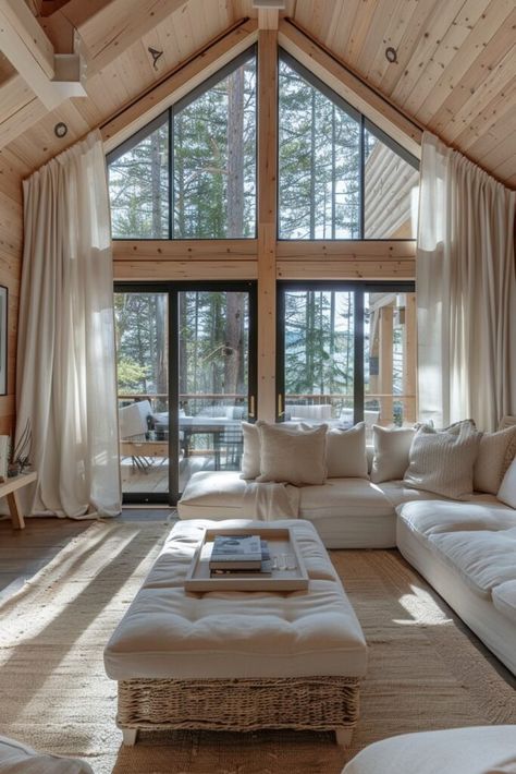 Canadian Cottage Interiors, Scandinavian Log Cabin Interior, Updated Cabin Interior, Pine Interior Cabin, A Frame House Interior Ideas, Modern Log Cabin Interior, Pilot View, Scandinavian Cabin Interior, Small Mountain Cabin