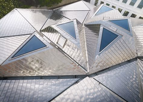 Triangular skylights set into a faceted stainless-steel roof direct daylight into the reading room of this library. Triangular Roof Architecture, Triangle Roof Design, Polygon Architecture, Triangle Roof, Triangular Architecture, Triangle Building, Roof Tops, Window Architecture, Architecture Drawing Sketchbooks