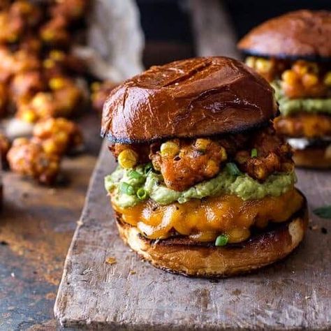 Smoky Chipotle Cheddar Burgers with Mexican Street Corn Fritters. - Half Baked Harvest Cheddar Burger, The Best Burger, Corn Fritters, Mexican Street Corn, Hamburger Recipes, Street Corn, Half Baked, Mexican Street, Half Baked Harvest