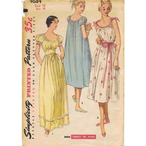 Simplicity 4684 Vintage Sewing Pattern Womens Nightgown Womens Nightgown, Nightgown Pattern, 1950s Sewing Patterns, Classic Clothes, Gown Pattern, Vintage Dress Patterns, Vintage Nightgown, Nighty Night, Couture Mode