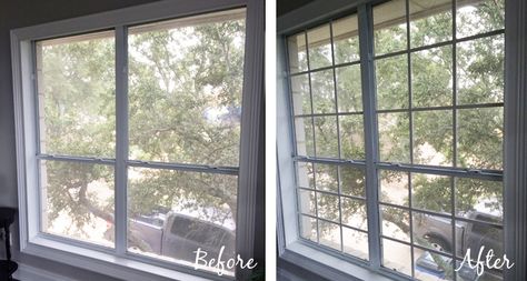 Mullions make such a difference! DIY instructions at the link Diy Window Grids, Window Grids, Dining Room Updates, Dining Room Windows, Window Benches, Farmhouse Windows, Diy Window, Window Room, Diy Projects On A Budget