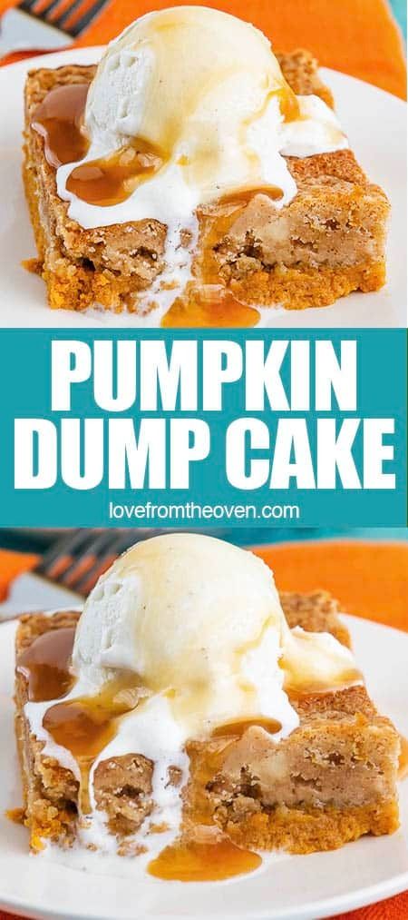 The Best Easy Pumpkin Dump Cake • Love From The Oven Gluten Free Dump Cake Recipes, Easy Pumpkin Dump Cake, Moist Spice Cake, Pumpkin Dump Cake Recipe, Pumpkin Dump, Pumpkin Streusel Muffins, Fall Dessert Recipes Easy, Dump Cake Recipe, Pecan Topping