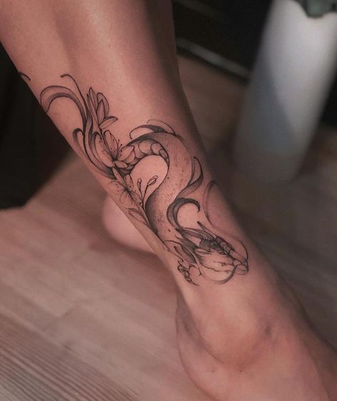 Dragon Wrapped Around Leg Tattoo Women, Dragon Tattoo For Women Ankle, Dragon Tattoo Legs Women, Lower Leg Dragon Tattoo, Tattoo Placement Ideas Leg, Dragon Tattoo Lower Leg, One Leg Tattoo, Feminine Dragon Tattoo For Women Leg, Japanese Ankle Tattoo