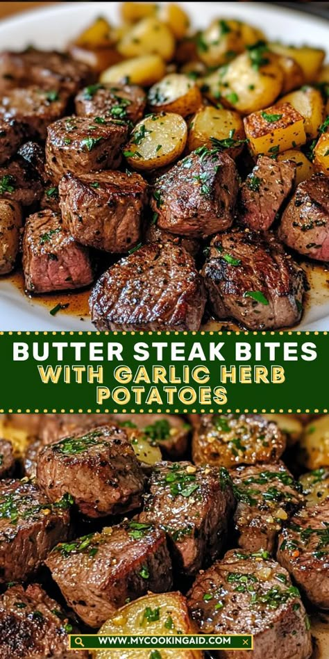 Elevate your dinner game with these Easy Butter Steak Bites and Flavorful Garlic Potatoes! This recipe is quick, simple, and bursting with flavor, making it a perfect choice for a family meal or special occasion. Steak Lunch Recipes, Garlic Butter Herb Steak Bites, Steak Bites With Potatoes, Garlic Herb Potatoes, Steak Lunch, Herb Potatoes, Butter Herb, Butter Steak Bites, Gluten Free Meat