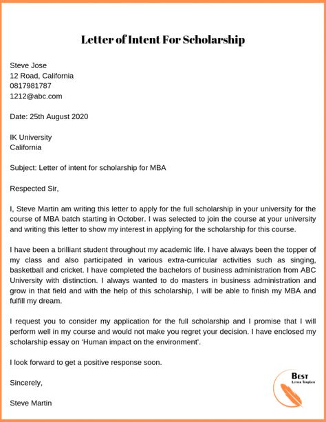 Letter of Intent for Scholarship Template – Format, Sample & Example Application Letter For Scholarship, Recommendation Letter For Scholarship, Scholarship Application Letter Sample, Cover Letter For Scholarship Application, Letter Of Recommendation For Scholarship, Letter Of Intent For Scholarship, Request Letter For Scholarship, Personal Statement For Scholarship, Scholarship Essay Examples