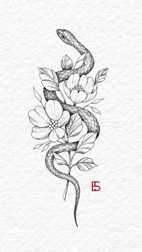 Snake Flower Tattoo Design, Snake With Flowers Tattoo, Snake Flower Tattoo, Dark Themed Tattoos, Sleeve Tattoo Black Women, Female Sleeve Tattoo Black Women, Snake With Flowers, Snake And Flowers Tattoo, Snake And Flowers