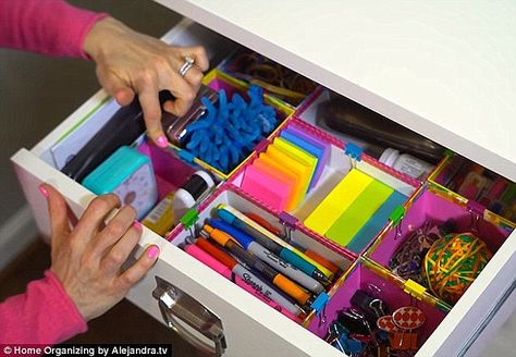 Neat and tidy: She revealed 'shopping your home' can help you stay neat and tidy, as you upcycle unused items to create better storage. Pictured is her stationery drawer Business Desk Organization, Organizing Supplies, Office Supplies Design, Dollar Store Gifts, Office Organization Tips, Business Desk, Office Organization Business, Cheap Desk, Diy Organizer