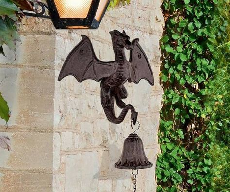 Medieval Castle Dragon Iron Bell Iron Dragon, Floor Candelabra, Chateau Medieval, Gothic Castle, Dragon Wall, Hanging Bell, Vintage Inspired Decor, Door Bell, Iron Door