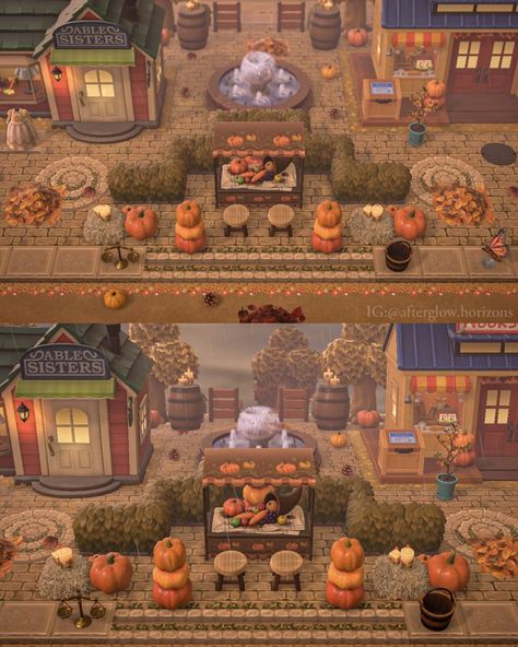 Acnh Leaf Pile Design Code, Animal Crossing Store Layout, Acnh Fall Towncore, Fall Ideas Acnh, Shops Acnh Ideas, Animal Crossing Town Inspiration, Acnh Fall Nooks Cranny, Fall Theme Animal Crossing, Acnh Town Island