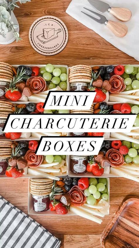 Mini Charcuterie Boxes in 2022 | Charcuterie inspiration, Food gifts, Party food appetizers Small Party Platter Ideas, How To Make A Mini Charcuterie Board, Individual Mini Charcuterie Box Ideas, Charcuterie Box Individual, Individual Snack Board, Individual Appetizer Boxes, Charcuterie Boxes Wedding, Individual Charcuterie Board Ideas To Go, To Go Charcuterie Board Ideas