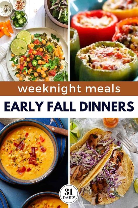 Easy Weeknight Fall Dinners, Summer To Fall Recipes, Late Summer Early Fall Meals, Late Summer Early Fall Dinner, Early Fall Dinner Ideas, Fall Flavors Dinner, Light Fall Meals, Early Fall Meal Ideas, Budget Fall Meals