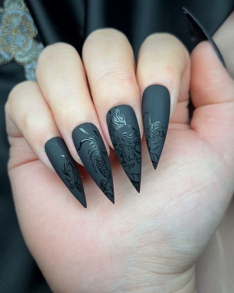 Hidden Dragon Short Matte Black Acrylic Nails, Chinese Dragon Nails, Dark Stiletto Nails, Alcohol Cleanse, Bold Nails, Nails April, Nails Baddie, Monster Nails, Deep Red Nails