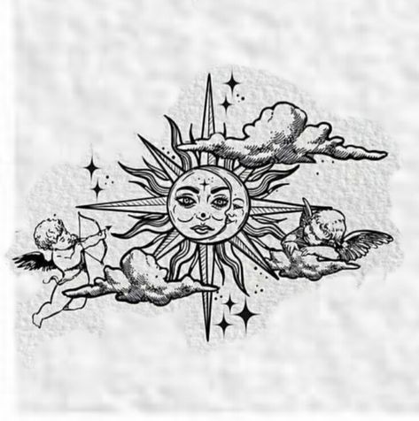 Heaven Sky Tattoo, Chest Tattoo Sun And Moon, Sun And Moon Lower Back Tattoo, Celestial Hip Tattoo, Chest And Stomach Tattoo Female, Cherub Drawing Tattoo, Two Cherubs Tattoo, Spiritual Art Tattoo, Back Tattoo Sketch