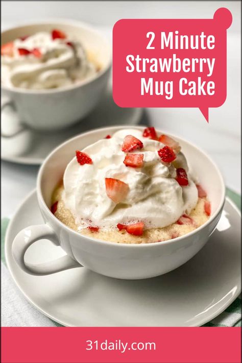 This 2 Minute Strawberry Mug Cake is a sweet microwave treat that brings to mind, Strawberries and Cream. And the reminder that the strawberry season isn’t too far off. Single Serve Strawberry Desserts, Strawberry Dessert For One, Mug Cake Strawberry, Strawberry Cake In A Cup, Strawberry Mug Cake Microwave, Microwave Desserts In A Mug, Small Strawberry Cake, Mug Desserts Microwave, Strawberry Shortcake Mug Cake