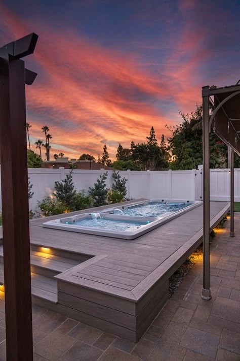 Dual Temp Swim Spa | Swim Spa Hot Tub | Hot Tub Swim Spa Spa Tub Outdoor, Swimspa Decking Ideas, Swim Spa Pergola, Swim Spa Backyard Ideas Enclosed, Above Ground Swim Spa Backyard Ideas, Sunken Swim Spa, Swim Spa Backyard Ideas With Deck, Backyard Swim Spa Ideas, Swimspa Landscape Ideas