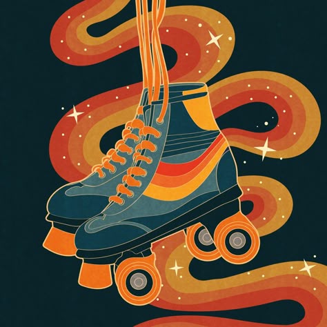 Retro 70s, 80s roller skates illustration. Stars swirls, yellow orange red blue Groovy Roller Skates, Roller Skating Painting, Retro Roller Skates Illustration, Orange Roller Skates, Roller Skates Painting, Retro Things To Paint, 70s Illustration Art, Roller Skates 80s, 80s Wall Art