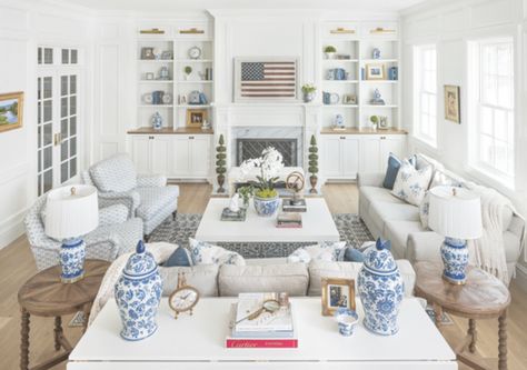 The Fox Group | Scott Davis Photography White Colonial House living room in blue and white American Colonial House, The Fox Group, Fox Group, Paris Markets, Southern Pine, Colonial Design, Colonial House, The Fox, Sitting Room