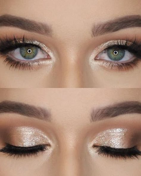 25 Gorgeous Bridal Eye Makeup Looks for Wedding Bridal Makeup Glitter Eyes, Makeup Looks For Gray Dress, Champagne Eye Makeup Wedding, Champagne Makeup Look Blue Eyes, Shimmery Bridal Makeup, Champagne Prom Makeup, Gray Dress Makeup Look, Colorful Bridal Makeup, Sparkly Bridal Makeup