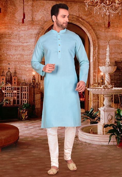 Plain Kurta, Kurta Pajama Men, Kurta Cotton, Mens Sherwani, Blue Kurta, Kurta Men, White Pajamas, Fancy Buttons, Silk Kurta