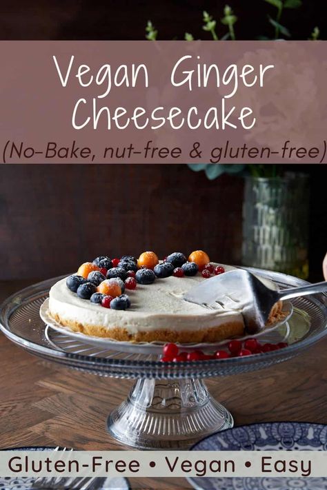 Pinterest graphic for vegan ginger & silken tofu cheesecake, showing whole cheesecake on a cake stand with someone taking a slice out of it. Vegan Tofu Cheesecake, Tofu Cheesecake, Silken Tofu Recipes, Vegan Cheesecake Recipe, Silken Tofu, Ginger Biscuits, Gluten Free Cheesecake, Vegan Cheesecake, Gluten Free Sweet