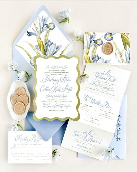 Once you have confirmed your wedding date and booked your venue, it's time to think about invitations. While the primary purpose of these paper products is to inform your guests about the time and place of your nuptials, they also reveal a preview of your wedding aesthetic. Your wedding invitation suite sets the tone of your event so it’s important to choose a design that complements the look and feel of your upcoming affair, whether that's vibrant and joyful, chic and sophisticated, or somewher Unique Modern Wedding Invitations, Blue And Chartreuse, Iris Botanical, Color Typography, Bright Color Palette, Paper Cocktail Napkins, Blue Iris, Color Palette Bright, Wedding Invitation Card Design