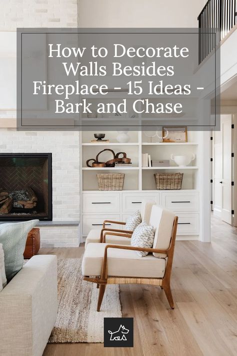 Most living rooms are designed around a fireplace, making it the room’s focal point. Therefore, it’s important to make good use of the space surrounding and adjacent to it. When we look at a fireplace, our eyes are drawn to the space immediately on each side of it. This is why the walls on either side of the fireplace are a great way to draw the eye and make a statement. Decor On Either Side Of Fireplace, Decorating Beside Fireplace, Fireplace Wall Ideas With Tv On Side, Shelves Around Fireplace With Tv, Either Side Of Fireplace Ideas, Built In Shelves Living Room Fireplace One Side, What To Put On Walls Next To Fireplace, How To Create A Fireplace Wall, Wall Around Fireplace