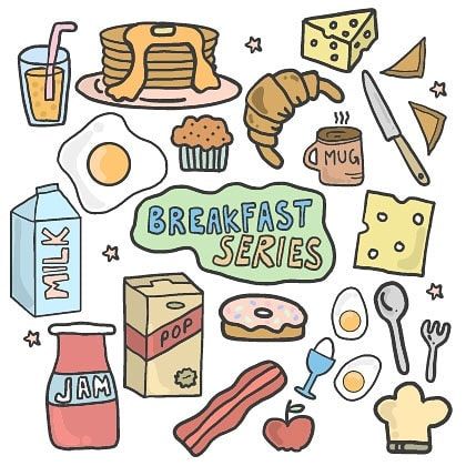 Breakfast Food Doodles, Breakfast Drawing Easy, Breakfast Drawing Illustration, Breakfast Doodles, Nice Desserts, Breakfast Drawing, Cartoon Breakfast, Bullet Drawing, Binocular Craft