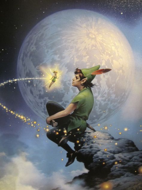 Walt Disney animation movie enchanting fairytale Peter Pan with Tinkerbell under the Moon, amazing painting Peter Pan Painting, Peter Pan Tattoo, Peter Pan Neverland, Peter Pan Art, Peter Pan Disney, Oil Painting Pictures, Peter Pan And Tinkerbell, Drawing Eyes, Walt Disney Animation