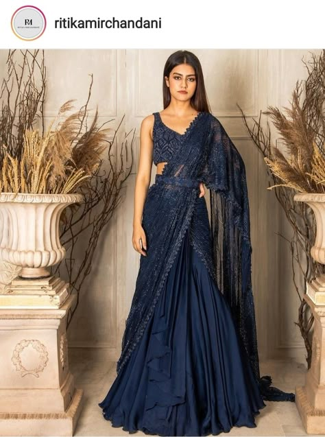 Blue Gown Dress Indian, Lengha Saree Style, Cocktail Saree Indian Weddings, Cocktail Dress Indian Wedding, Indowestern Outfits Wedding Women, Indian Cocktail Dress, Draped Saree Gown, Western Saree, Sangeet Outfit