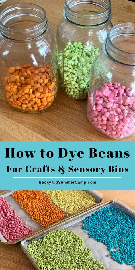 Learn how to dye beans using food coloring and dried beans for an easy DIY craft supply - great for kids' crafts and sensory bins. Mosaics For Kids, Toddler Sensory Bins, Vegan Noodles, Seed Art, Backyard Summer, Dry Beans, Sensory Boxes, Sensory Table, Homemade Baby Food