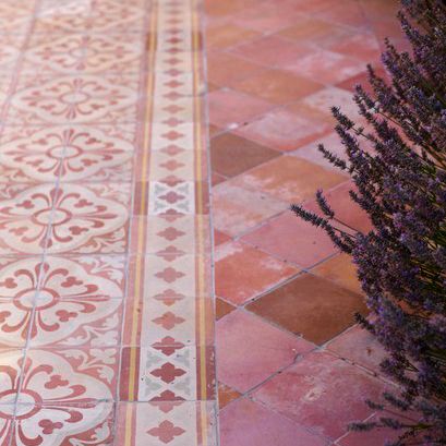 Get quick maintenance tips at http://bombayoutdoors.com/outdoor-decor/patio-maintenance/ Moroccan Floor Tiles Outdoor, Moroccan Outdoor Tiles, Spanish Tile Steps Outdoor, Morrocon Interiors Tiles, Pink Moroccan Tile, Spanish Style Kitchen, Exterior Tiles, Mediterranean Landscaping, Spanish Tile