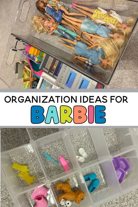 Revamp your child's play space using these practical and creative Barbie organization ideas. Whether you're selecting the ideal storage solutions or creating an impressive display for your entire Barbie collection, learn the secrets to maintaining order and achieving a well-organized space. This post is brimming with storage bin ideas, label suggestions, and more to make organization a breeze! Barbie Storage Hack, Barbie Clothing Storage, How To Display Dolls, Barbie House Storage Ideas, Barbie Toys Organization Ideas, Barbie Set Up, Art Supply Organization Kids, Diy Barbie Storage Ideas, How To Organize Barbie Stuff